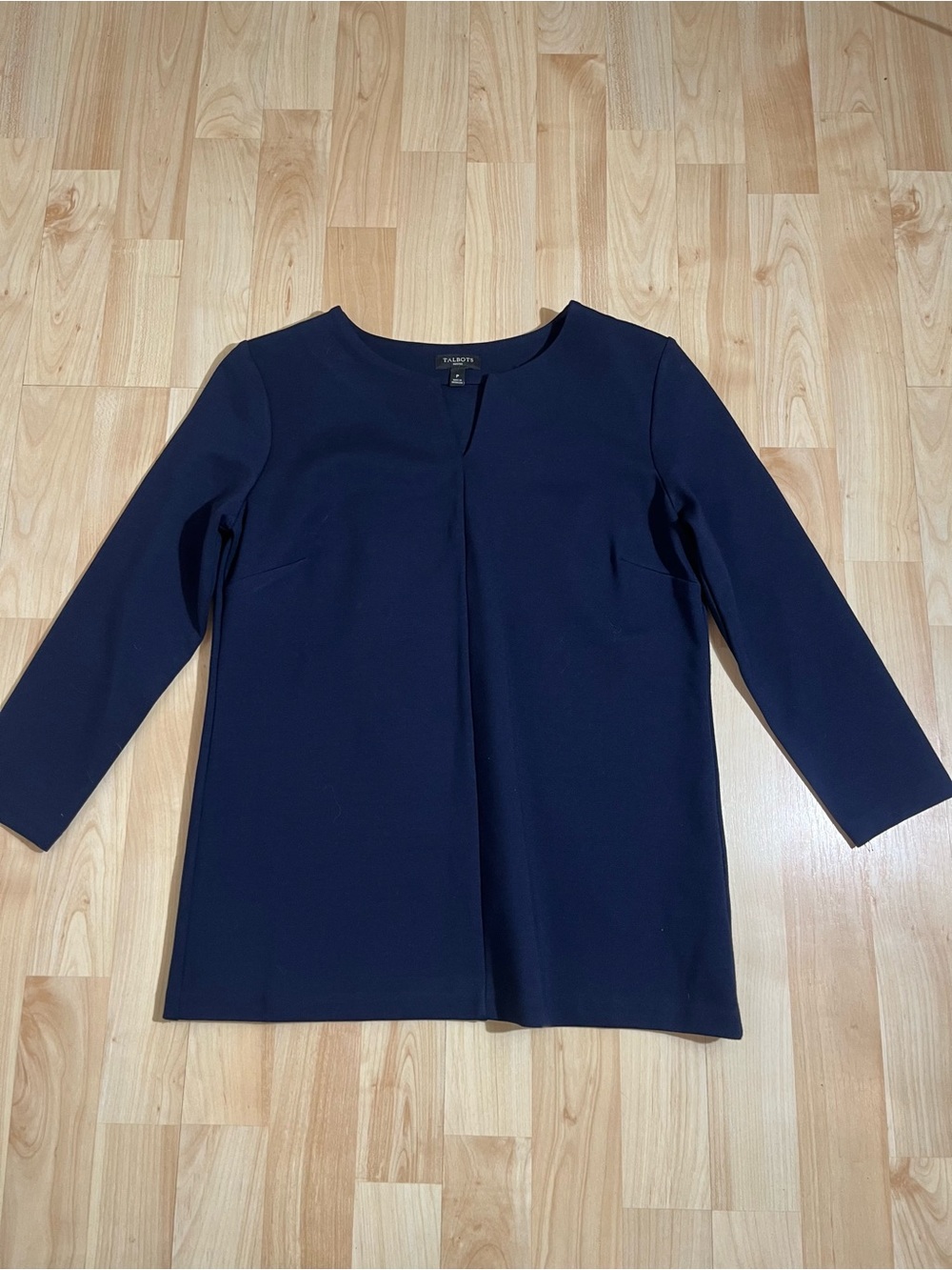 Talbots top navy distinctive notched neckline and three-quarter sleeves P